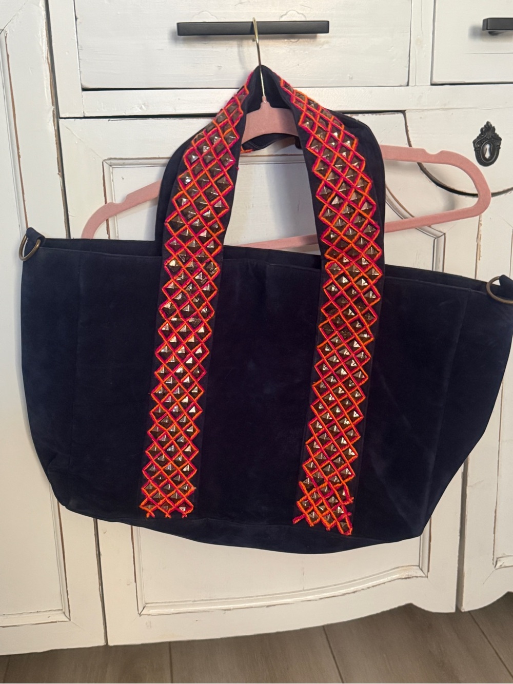 America & Beyond Classic Women's Large Tote Bag with Embroidered Red Strap